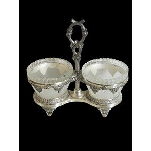 Vintage  Japan Silver Plated Double Condiment Server Caddy Frosted Glass Bowls